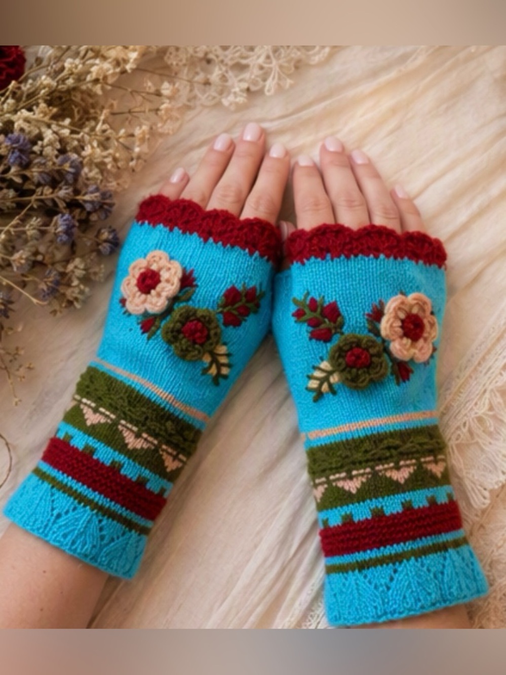 🎀 Vibrant Sky Blue & Maroon Floral Embroidered Crochet Knit Fingerless Gloves 🎀